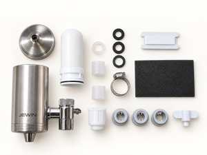 JEWIN faucet-mounted tap filter with cartridge, adapters, seals and installation parts