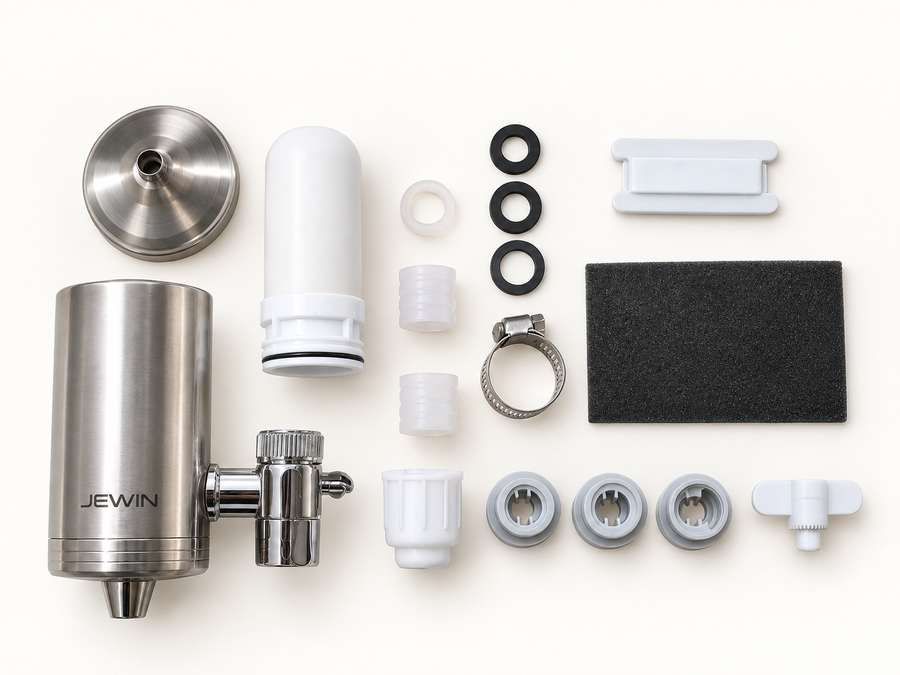 JEWIN faucet-mounted tap filter with cartridge, adapters, seals and installation parts