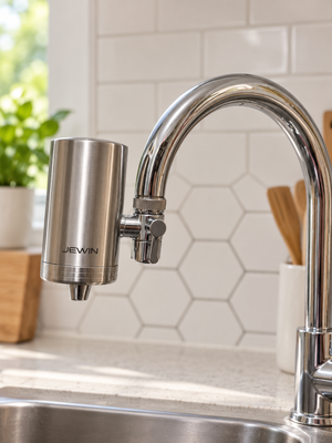 JEWIN faucet-mounted tap filter installed on a curved kitchen tap