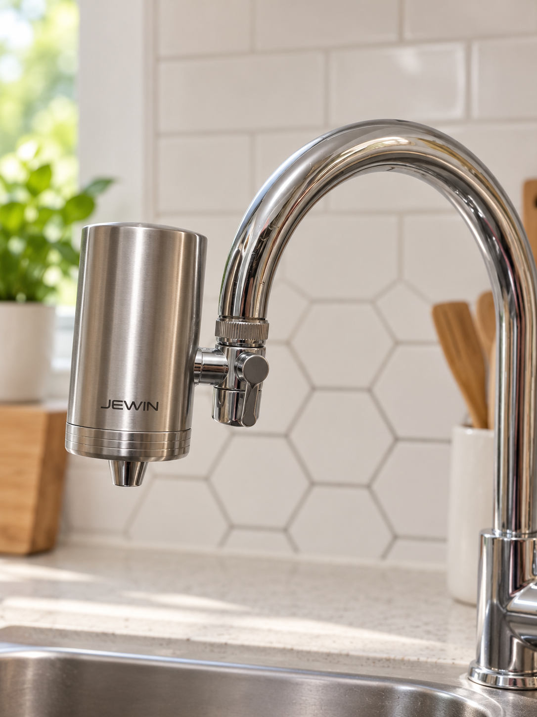 JEWIN faucet-mounted tap filter installed on a curved kitchen tap